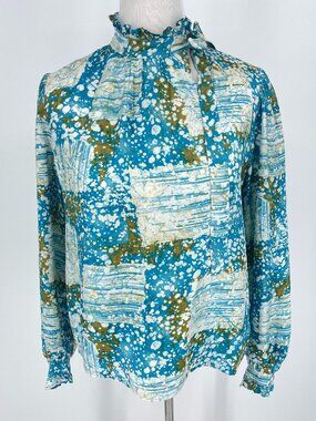 Vintage 70s 80s Abstract Ruffle Neck Lavallière Bow Tie Secretary Blouse